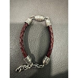 Burgundy Braided Leather Bracelet Silver Tone Scrollwork Tribal Boho Adjustable